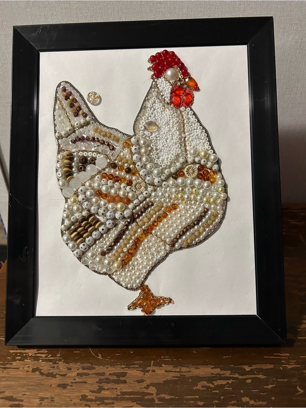 Beaded Chicken Wall Art - White and Amber Embellished Hen